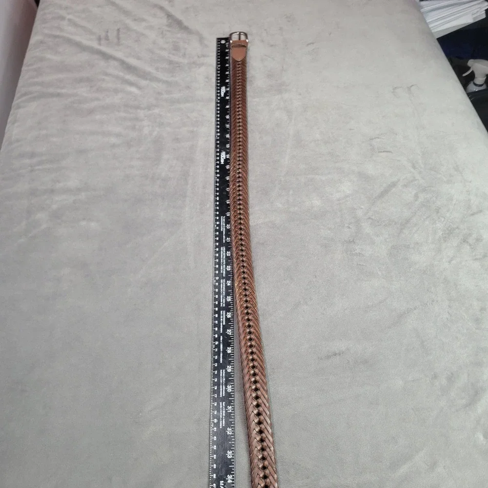 Brown Braided Genuine Leather Belt Silver Buckle Woven Casual Mens Womens 35.5in